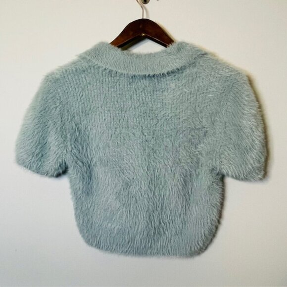 House of Harlow Baby Tee Polo Cropped Fuzzy Sweater Short Sleeve Medium - Picture 4 of 6